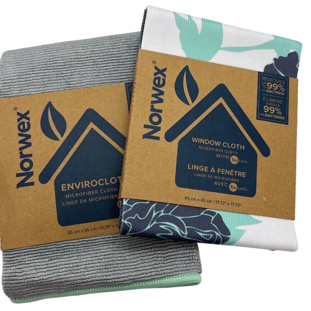 Norwex Basic Package EnviroCloth Teal w/Dark Trim + Window Cloth Leaf New